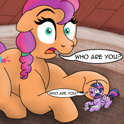 Size: 1828x1828 | Tagged: safe, artist:doodledonutart, sunny starscout, twilight sparkle, alicorn, earth pony, pony, g5, my little pony: a new generation, female, inception, mare, ponyception, ponytober, rug, speech bubble, subverted meme, sunny and her heroine, surreal, text, tiny, tiny ponies, twilight sparkle (alicorn), wat, what the hay?