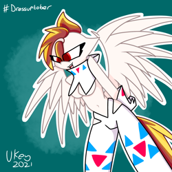 Size: 1280x1280 | Tagged: safe, artist:ukedideka, oc, oc only, oc:lumen afterglow, pegasus, anthro, belly button, clothes, eye clipping through hair, happy, inktober, pegasus oc, simple background, smiling, solo, standing, wings