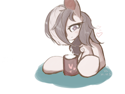 Size: 2800x2100 | Tagged: safe, artist:rainsketch, marble pie, earth pony, pony, g4, blushing, chest fluff, food, heart, high res, mug, solo, steam