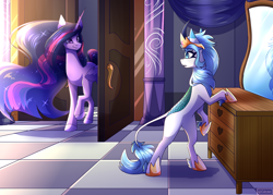 Size: 3500x2500 | Tagged: safe, artist:celes-969, twilight sparkle, oc, alicorn, kirin, pony, g4, the last problem, commission, crown, duo, duo female, ethereal mane, female, frown, high res, hoof shoes, jewelry, kirin oc, looking at each other, mirror, older, older twilight, older twilight sparkle (alicorn), open mouth, princess twilight 2.0, raised hoof, regalia, smiling, starry mane, twilight sparkle (alicorn), wavy mouth