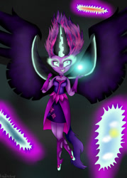 Size: 1000x1400 | Tagged: safe, artist:kittydazzling, sci-twi, twilight sparkle, equestria girls, friendship games, g4, female, flying, glowing, grin, midnight sparkle, portal, simple background, smiling, solo, wings