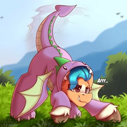 Size: 2000x2000 | Tagged: safe, artist:shadowreindeer, hitch trailblazer, earth pony, pony, g5, clothes, costume, cute, eye clipping through hair, grass, growling, high res, hilarious in hindsight, hitchbetes, implied spike, kigurumi, male, solo, stallion, tail, tail wag, unshorn fetlocks