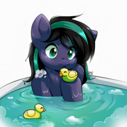 Size: 1280x1276 | Tagged: safe, artist:pledus, oc, oc only, bird, duck, earth pony, pony, bathtub, commission, solo, water, wet, ych result