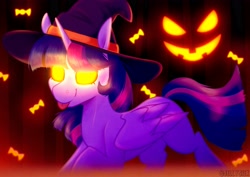 Size: 4093x2894 | Tagged: safe, artist:jellysketch, twilight sparkle, alicorn, pony, g4, candy, food, halloween, hat, holiday, pumpkin, solo, twilight sparkle (alicorn), witch hat