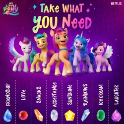 Size: 1200x1200 | Tagged: safe, hitch trailblazer, izzy moonbow, pipp petals, sunny starscout, zipp storm, earth pony, pegasus, pony, unicorn, g5, my little pony: a new generation, official, spoiler:g5, spoiler:my little pony: a new generation, blue mane, bracelet, crystal, eyebrows, female, horn, jewelry, long mane, male, mane five, mare, my little pony: a new generation logo, netflix logo, open mouth, open smile, raised hoof, shadow, smiling, spread wings, stallion, standing, tail, text, unshorn fetlocks, wings