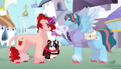 Size: 1280x732 | Tagged: safe, artist:itstechtock, oc, oc only, oc:love letter (itstechtock), oc:valentine frapuccino, dog, pegasus, pony, unicorn, clothes, female, letter, magic, magical lesbian spawn, male, mare, offspring, parent:cinnamon chai, parent:morning roast, parent:rainy day, parent:whirlwind romance, parents:cinnamon roast, parents:rainy romance, shirt, stallion