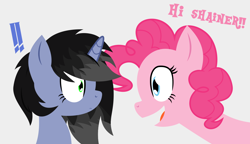 Size: 1160x670 | Tagged: safe, artist:isaac_pony, pinkie pie, oc, oc:shainer shrapnel shock, earth pony, pony, unicorn, g4, dialogue, female, green eyes, horn, simple background, smiling, text, vector, wide eyes