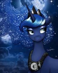 Size: 1440x1800 | Tagged: safe, artist:toastpone, princess luna, alicorn, pony, g4, eyebrows, eyebrows visible through hair, female, frown, looking back, mare, moon, night, sky, solo