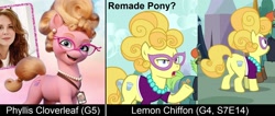 Size: 1870x796 | Tagged: safe, screencap, bigger jim, lemon chiffon, phyllis cloverleaf, plunkett, earth pony, pony, fame and misfortune, g4, g5, my little pony: a new generation, comparison, female, glasses, jewelry, male, mare, necklace, pearl necklace, stallion