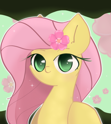 Size: 1300x1450 | Tagged: safe, artist:miryelis, fluttershy, pegasus, pony, g4, bust, cute, flower, flower in hair, shyabetes, solo, wrong eye color
