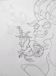 Size: 1270x1728 | Tagged: safe, artist:gojira1604shinomura, bray, discord, grogar, donkey, draconequus, hybrid, sheep, g4, season 9, grayscale, headcanon, male, monochrome, pencil drawing, ram, traditional art