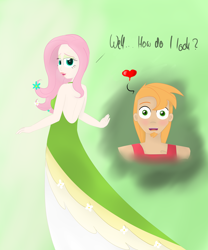 Size: 3984x4794 | Tagged: safe, artist:kaleysia, big macintosh, fluttershy, human, g4, absurd resolution, backless, backless dress, beard, bedroom eyes, blushing, clothes, dialogue, dress, facial hair, female, floating heart, flower, flower in hair, gala dress, heart, humanized, looking back, male, open mouth, open smile, ship:fluttermac, shipping, smiling, straight, talking