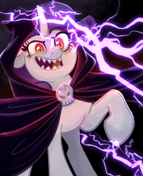 Size: 2365x2894 | Tagged: safe, artist:whalepornoz, rarity, pony, unicorn, g5, my little pony: a new generation, spoiler:my little pony: a new generation, darth sidious, emperor palpatine, evil rarity, female, fry brains, high res, lightning, mare, possessed, raised hoof, red eyes, red eyes take warning, sharp teeth, solo, sproutity, star wars, star wars: revenge of the sith, teeth, unlimited power