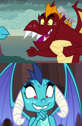 Size: 1320x2040 | Tagged: safe, artist:queencold, edit, edited screencap, screencap, garble, princess ember, dragon, g4, amused, comparison, dragoness, duo, faic, female, male, ship:emble, smiling