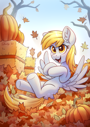 Size: 2480x3508 | Tagged: safe, artist:dandy, derpy hooves, pegasus, pony, g4, autumn, commission, derp, ear fluff, female, hay bale, high res, leaf pile, leaves, mare, open mouth, pumpkin, solo, wings
