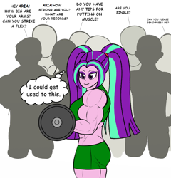 Size: 854x890 | Tagged: safe, artist:matchstickman, editor:dinoknight12, aria blaze, equestria girls, g4, aria brute, bicep, clothes, dumbbell (object), female, muscles, muscular female, shorts, smiling, sports bra, sports shorts, thought bubble, weights, workout