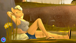 Size: 3840x2160 | Tagged: safe, artist:pootanger_sfm, applejack, earth pony, anthro, plantigrade anthro, g4, 3d, breasts, busty applejack, clothes, daisy dukes, eyes closed, feet, flip-flops, high res, lying down, midriff, outdoors, relaxing, shorts, sleeping, solo, source filmmaker