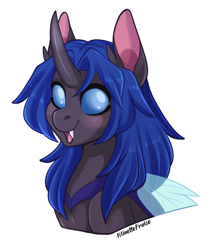 Size: 2732x3200 | Tagged: safe, artist:minettefraise, oc, oc only, oc:swift dawn, changeling, blue changeling, bust, changeling oc, changeling wings, commission, cute, fangs, high res, horn, looking at you, male, ocbetes, open mouth, signature, simple background, smiling, solo, transparent wings, white background, wings