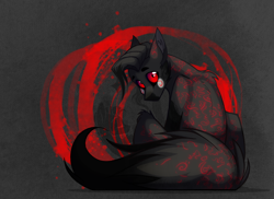 Size: 1940x1409 | Tagged: safe, artist:alrumoon_art, oc, oc only, earth pony, pony, abstract background, looking at you, looking back, looking back at you, red eyes, solo