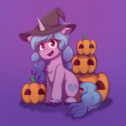 Size: 1920x1920 | Tagged: safe, artist:splatturp, izzy moonbow, pony, unicorn, g5, my little pony: a new generation, backwards cutie mark, bracelet, chest fluff, female, halloween, hat, holiday, horn, jewelry, mare, open mouth, pumpkin, sitting, unshorn fetlocks, witch hat