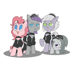 Size: 2279x1883 | Tagged: safe, artist:happy harvey, limestone pie, marble pie, maud pie, pinkie pie, earth pony, pony, g4, bow, clothes, collar, colored pupils, dress, looking up, maid, maid headdress, phone drawing, pie sisters, pinkie maid, siblings, simple background, sisters, sitting, standing, transparent background, uniform