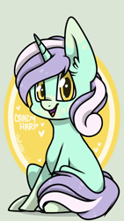 Size: 720x1280 | Tagged: safe, artist:lisaartista365, oc, oc only, oc:candy harp, pony, unicorn, female, looking at you, magical lesbian spawn, mare, offspring, parent:bon bon, parent:lyra heartstrings, parents:lyrabon, sitting, smiling, smiling at you, solo