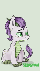 Size: 720x1280 | Tagged: safe, artist:lisaartista365, oc, oc only, oc:sebastian, dracony, hybrid, pony, claws, colt, green background, horns, interspecies offspring, lidded eyes, male, offspring, parent:spike, parent:sweetie belle, parents:spikebelle, simple background, sitting, solo