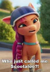 Size: 342x496 | Tagged: safe, derpibooru exclusive, edit, edited screencap, screencap, sunny starscout, earth pony, pony, g5, my little pony: a new generation, spoiler:my little pony: a new generation, annoyed, caption, cropped, female, helmet, image macro, implied scootaloo, mare, meme, solo, sunny starscout is not amused, text