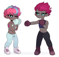 Size: 1020x982 | Tagged: safe, artist:arwencuack, tempest shadow, zipp storm, human, g4, g5, boxing gloves, commission, cute, dark skin, duo, humanized, mma, original style, white pupils