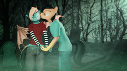 Size: 3840x2160 | Tagged: safe, artist:willitfit, part of a set, oc, oc:benjamin terrance tover, oc:tristan sev, bat pony, anthro, 3d, bat pony oc, benny and tristan's meet up, blushing, cheek kiss, duo, duo male, gay, high res, holding hands, kissing, male, source filmmaker