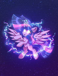 Size: 3508x4560 | Tagged: safe, artist:dandy, twilight sparkle, alicorn, pony, g4, ethereal mane, floating, glowing, glowing eyes, glowing horn, high res, horn, open mouth, ponytober, solo, starry background, starry mane, twilight sparkle (alicorn), wings
