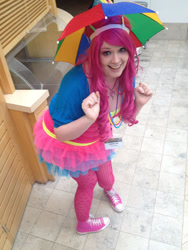 Size: 720x960 | Tagged: safe, artist:chaskawolf, pinkie pie, human, g4, anime boston, anime boston 2013, clothes, converse, cosplay, costume, hat, irl, irl human, photo, shoes, umbrella hat