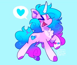 Size: 2048x1719 | Tagged: safe, artist:swirlseypop, izzy moonbow, pony, unicorn, g5, my little pony: a new generation, ;d, blue background, bracelet, chest fluff, jewelry, one eye closed, open mouth, open smile, raised hoof, simple background, smiling, solo, wink