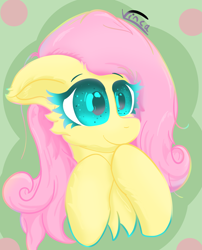 Size: 2305x2851 | Tagged: safe, artist:vinca, fluttershy, pegasus, pony, g4, bust, cheek fluff, chest fluff, colored eyelashes, colored pupils, female, floppy ears, high res, hoof on chin, mare, portrait, smiling, solo, three quarter view