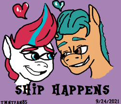 Size: 508x436 | Tagged: source needed, safe, artist:tmntfan85, hitch trailblazer, zipp storm, earth pony, pegasus, pony, g5, my little pony: a new generation, bust, female, looking at each other, male, mare, purple background, ship:stormblazer, shipping, simple background, stallion, straight