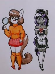 Size: 2448x3264 | Tagged: safe, artist:paper view of butts, oc, oc:arcshine, oc:paper butt, unicorn, anthro, bow, clothes, cosplay, costume, crossdressing, glasses, high res, horn, lipstick, long socks, magnifying glass, maid, male, scooby-doo!, skirt, socks, sweater, thigh highs, traditional art, velma dinkley