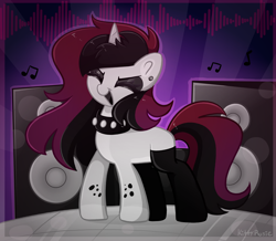 Size: 4984x4352 | Tagged: safe, artist:kittyrosie, oc, oc only, pony, unicorn, choker, clothes, cute, ear piercing, earring, eyes closed, eyeshadow, horn, jewelry, makeup, music, ocbetes, open mouth, open smile, piercing, smiling, solo, speaker, stockings, studded choker, thigh highs, unicorn oc