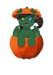 Size: 2480x3508 | Tagged: safe, artist:morrigun, oc, oc only, oc:anti, bat pony, pony, bat pony oc, bat wings, commission, cute, cute little fangs, eyes open, fangs, fluffy, halloween, halloween 2021, heterochromia, high res, holiday, male, open mouth, pumpkin, simple background, solo, stallion, transparent background, wings, ych result