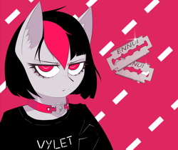 Size: 1790x1506 | Tagged: safe, artist:owlnon, oc, oc only, oc:miss eri, semi-anthro, black and red mane, choker, frown, implied self harm, razor blade, solo, two toned mane
