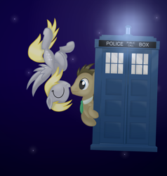 Size: 2000x2100 | Tagged: safe, artist:candy meow, derpy hooves, doctor whooves, time turner, earth pony, pegasus, pony, g4, boop, digital art, doctor who, duo, eyes closed, female, flying, high res, male, mane, mare, necktie, noseboop, ship:doctorderpy, shipping, smiling, space, space background, spread wings, stallion, straight, tail, tardis, the doctor, upside down, wings
