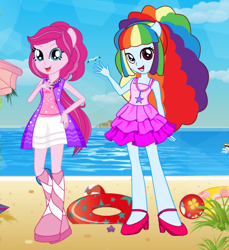 Size: 436x477 | Tagged: safe, pinkie pie, rainbow dash, bird, human, seagull, equestria girls, g4, beach, beach ball, beach towel, beach umbrella, clothes, dress, dressup, dressup game, eqg promo pose set, fashion, floaty, gameskids.com, hairstyle, high heels, jewelry, looking at you, necklace, ocean, open mouth, ponied up, sand, shoes, umbrella