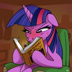 Size: 4500x4500 | Tagged: safe, artist:docwario, twilight sparkle, alicorn, fly, insect, pony, g4, absurd resolution, angry, armchair, book, book title humor, chair, cross-popping veins, ears back, female, floppy ears, glare, indoors, looking at something, mare, sitting, solo, twilight sparkle (alicorn), twitober
