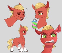 Size: 880x742 | Tagged: safe, artist:woollyart, sprout cloverleaf, earth pony, pony, g5, my little pony: a new generation, spoiler:my little pony: a new generation, angry, blushing, cute, drink, drinking, floppy ears, male, open mouth, smiling, smoothie, solo, stallion, straw, sweat