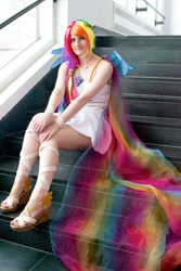 Size: 534x800 | Tagged: safe, artist:s0methingw1cked, rainbow dash, human, g4, anime boston, anime boston 2013, clothes, cosplay, costume, dress, gala dress, irl, irl human, photo, sitting