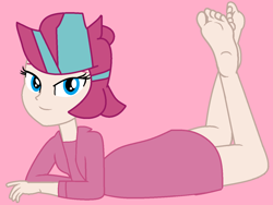 Size: 1344x1012 | Tagged: safe, artist:grapefruitfacebases, artist:jadeharmony, zipp storm, equestria girls, g4, g5, my little pony: a new generation, barefoot, base used, bathrobe, bedroom eyes, clothes, equestria girls-ified, feet, female, g5 to equestria girls, g5 to g4, generation leap, nightgown, pajamas, pink background, robe, simple background, soles, solo, the pose