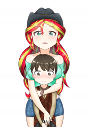 Size: 1280x1811 | Tagged: safe, artist:zoxriver503, sunset shimmer, oc, equestria girls, g4, anime style, clothes, cowboy hat, cowgirl outfit, duo, female, hat, hug, male, shirt, shorts
