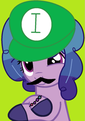 Size: 607x866 | Tagged: safe, artist:easterbases, artist:jadeharmony, izzy moonbow, pony, unicorn, g5, base used, bracelet, cap, clothes, cosplay, costume, crossover, fake moustache, female, green background, hat, jewelry, luigi, luigi's hat, male, mare, simple background, solo, super mario bros., unshorn fetlocks