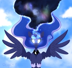 Size: 2048x1947 | Tagged: safe, artist:tinykiru, princess luna, alicorn, pony, g4, cloud, female, flying, galaxy, glowing, glowing eyes, hooves to the chest, magic, magic aura, mare, planet, ponytober, sky, solo, space, spread wings, stars, wings