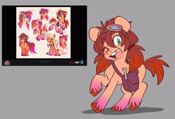 Size: 3700x2512 | Tagged: safe, artist:chub-wub, artist:imalou, sunny starscout, earth pony, pony, g5, my little pony: a new generation, spoiler:my little pony: a new generation, alternate design, alternate hairstyle, bag, chipped tooth, coat markings, colored hooves, concept art, cute, female, freckles, goggles, gray background, high res, mare, markings, one eye closed, raised hoof, simple background, socks (coat markings), solo, sunnybetes, unshorn fetlocks, wink