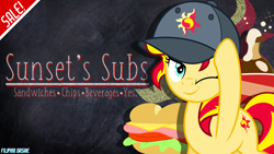 Size: 1920x1080 | Tagged: safe, artist:filipino-dashie, artist:jeatz-axl, artist:jhayarr23, artist:php11, artist:the smiling pony, sunset shimmer, pony, g4, 2017, advertisement, cap, drink, food, hat, looking at you, one eye closed, sandwich, soda, solo, submarine sandwich, text, wallpaper, wink, winking at you